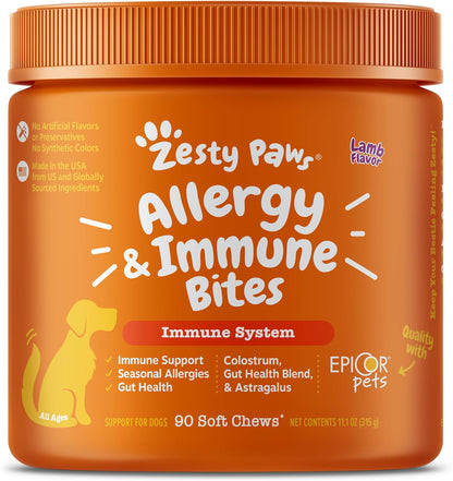 Zesty Paws Dog Allergy Relief - anti Itch Supplement - Omega 3 Probiotics for Dogs - Digestive Health - Soft Chews for Skin & Seasonal Allergies - with Epicor Pets - Mini - Lamb - 90 Count