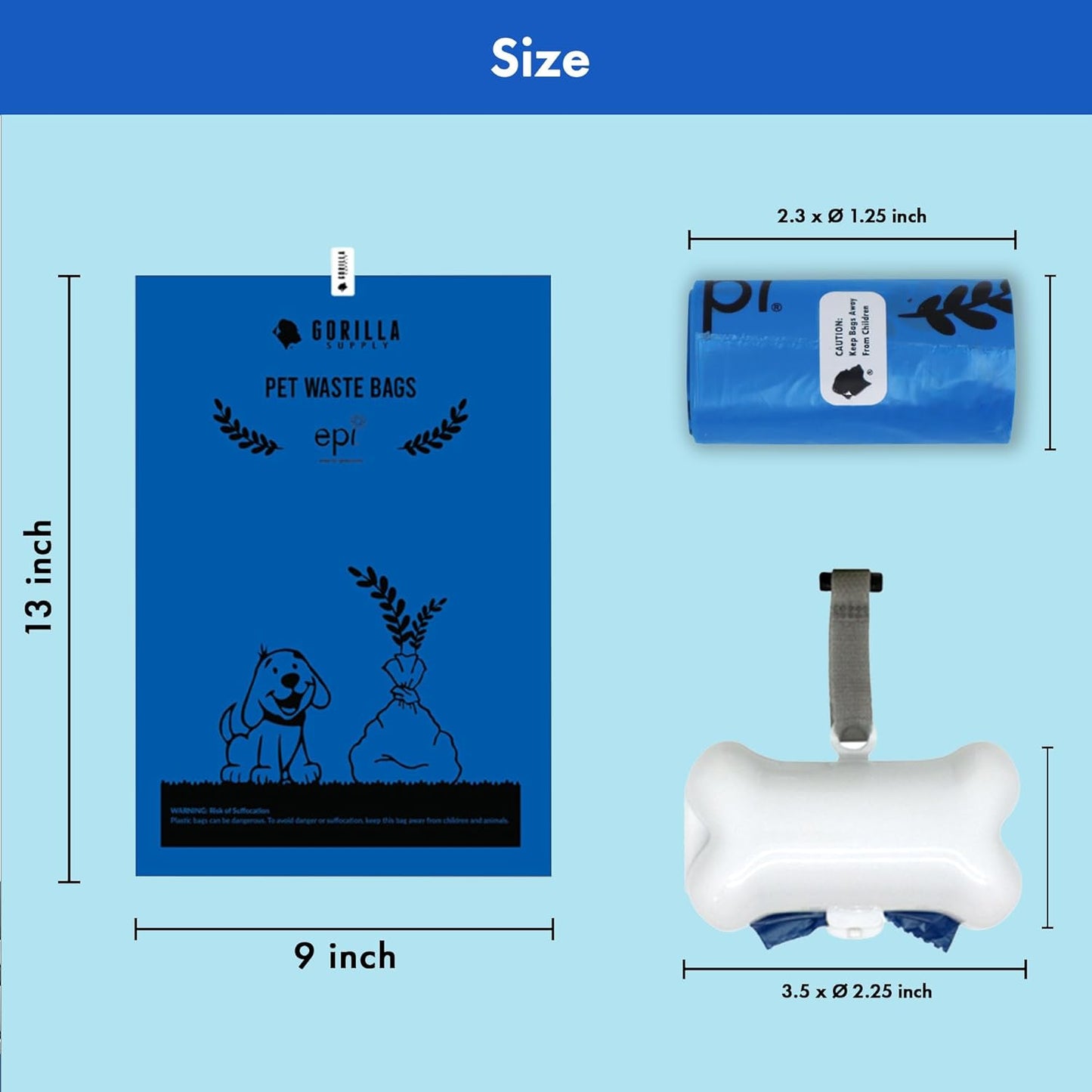 GORILLA SUPPLY Dog Poop Waste Bags with Dispenser and Leash Tie, 9" X 13", Black, 1000 Count