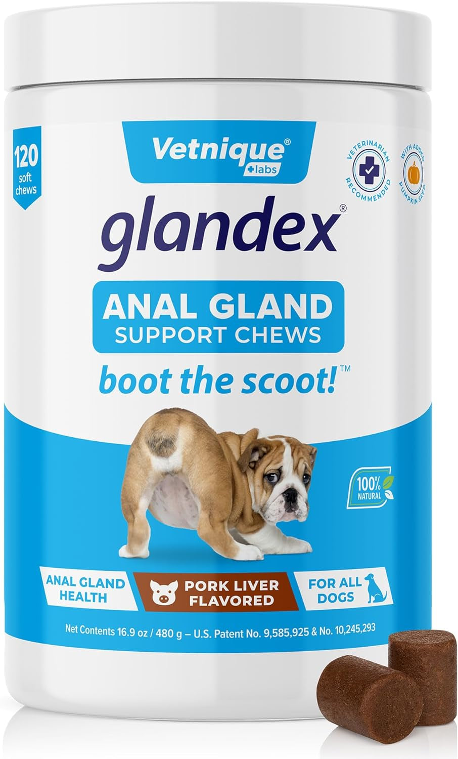 Glandex Anal Gland Soft Chew Treats with Pumpkin for Dogs Digestive Enzymes, Probiotics Fiber Supplement for Dogs Boot the Scoot (Pork Liver Chews, 120Ct)