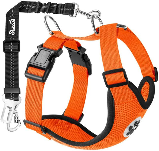 Slowton Dog Seat Belt Harness for Car, Dog Car Harness Adjustable Mesh Breathable & Dog Seatbelt Safety Tether with Elastic Bungee for Small Medium Large Pets(Orange, Double Clip, M)