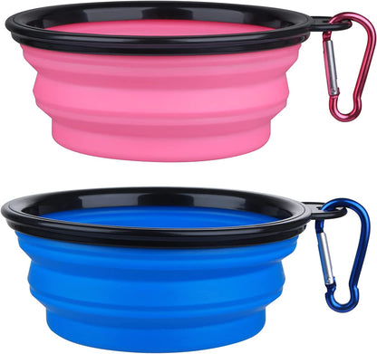 Dog Bowl Pet Collapsible Bowls, 2 Pack Collapsible Dog Water Bowls for Cats Dogs, Portable Pet Feeding Watering Dish for Walking Parking Traveling with 2 Carabiners (Small, Bule+Pink)