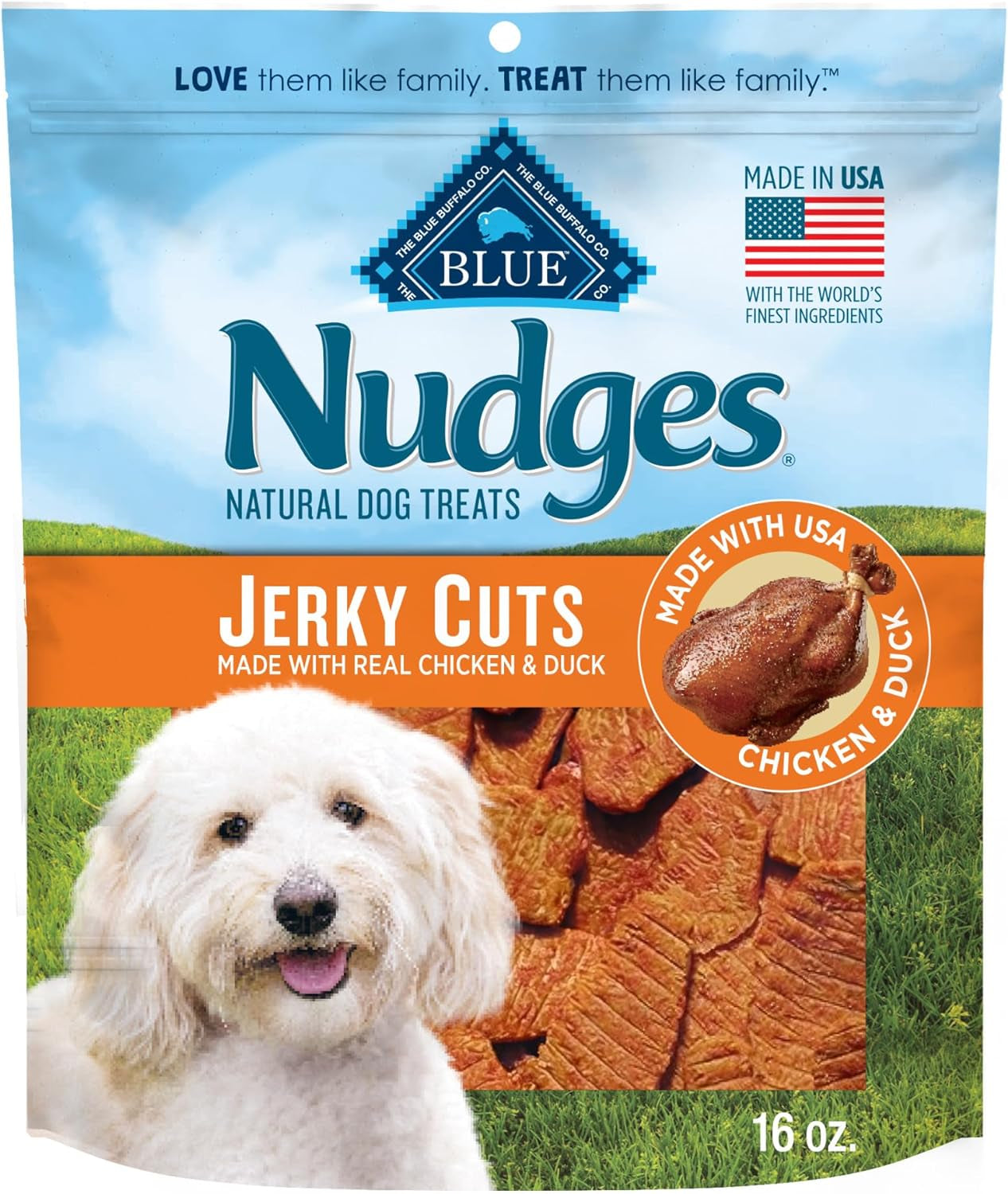 Blue Buffalo Nudges Jerky Cuts Dog Treats, Made in the USA with Natural Ingredients, Chicken & Duck, 16-Oz. Bag