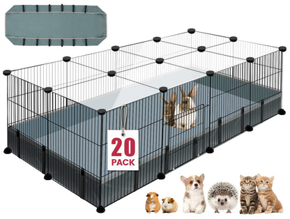 20 Panels Small Animal Playpen, Pet Playpen with Waterproof Mat, C&C Cage for Guinea Pigs, Rabbit/Bunny Cage, Bunny/Puppy Playpen, Indoor Outdoor Portable Metal Wire Yard Fence