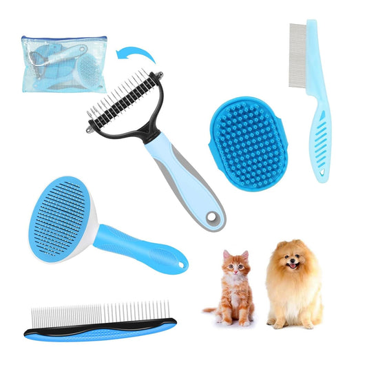 5-in-1 Grooming Kit - Supplies for Short and Long Hair Dogs, Bath Brush, Dematting Rake and Comb (Set of 5, Blue)