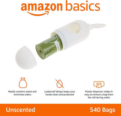 Amazon Basics Dog Poop Bags with Dispenser and Leash Clip, Talcum Powder Scented, 13 X 9 Inches - 270 Count (15 Bags per Roll, 18 Rolls)