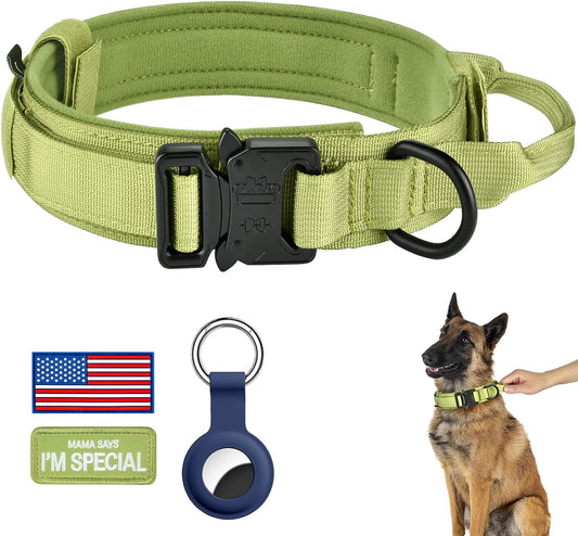 DAGANXI Tactical Dog Collar, Adjustable Military Training Nylon Dog Collar with Control Handle and Heavy Metal Buckle for Medium and Large Dogs, with Patches and Airtags Case (XL, Spring Grass)