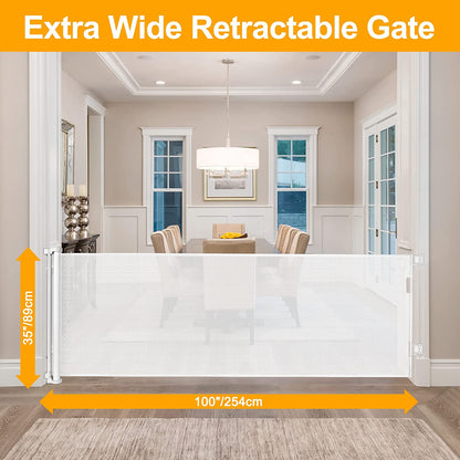 WOMHOM 100 Inch Extra Long Retractable Dog Gate for the House Extra Wide Baby Gate Retractable Baby Gates Toddler Gate Extra Large Pet Gate Outdoor Retractable Gate Child Gate for Wide Opening (Beige)