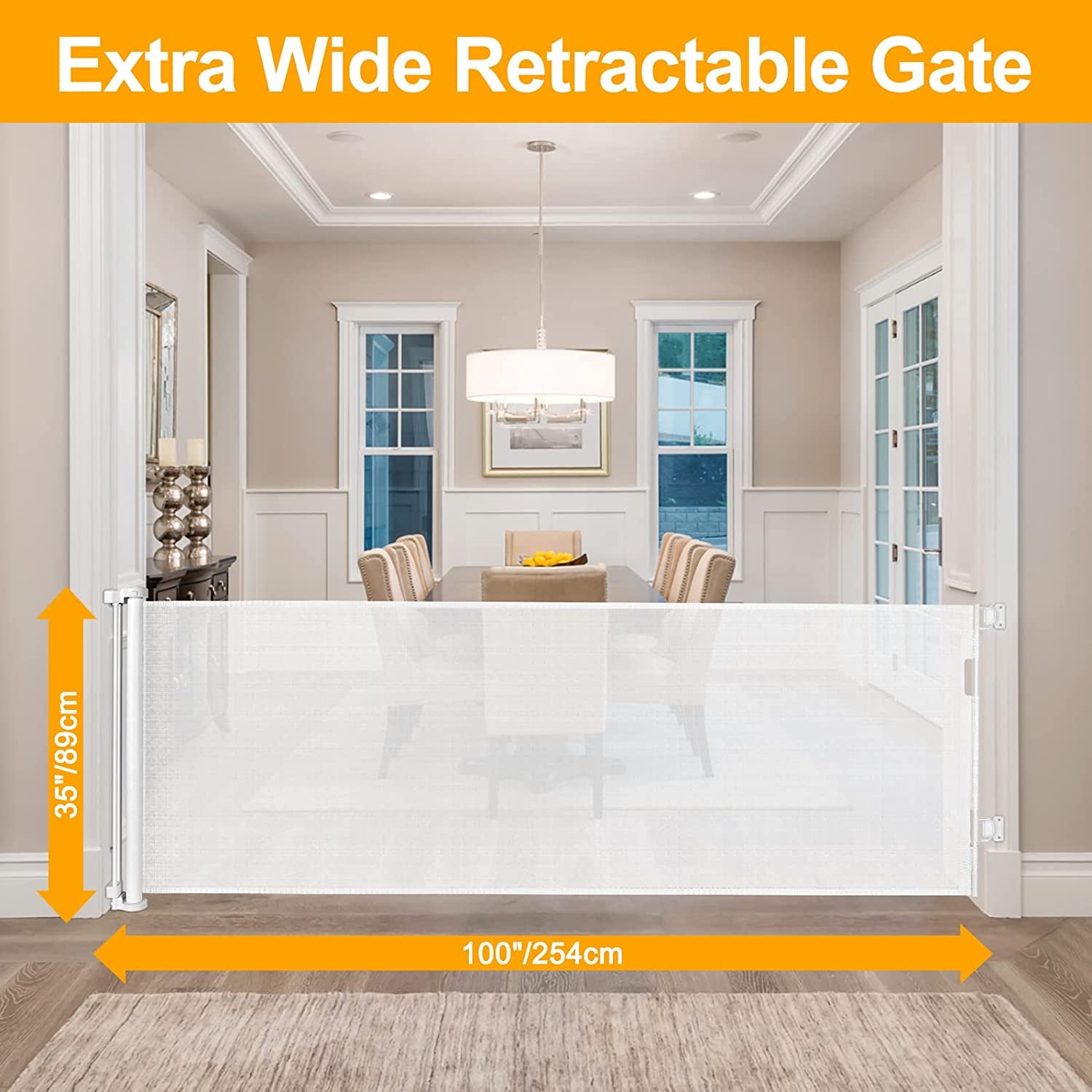 180 Inch Extra Long Baby Gate Extra Wide Dog Gates for Large Openings Extra Large Baby Gate Dog Gate for Doorways Extra Wide Retractable Baby Gates Extra Wide Indoor Outdoor Retractable Gate (Beige)