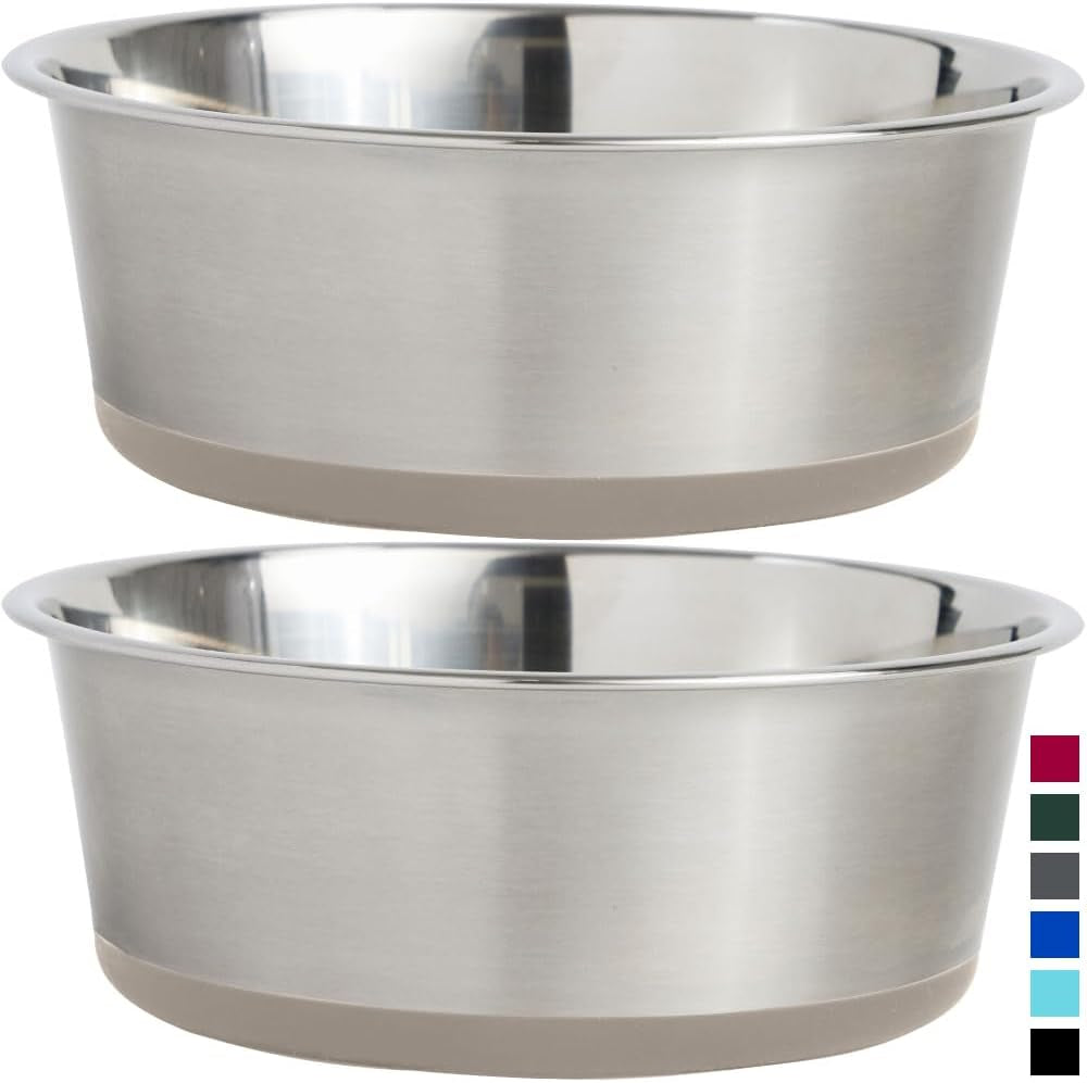 Gorilla Grip Stainless Steel Metal Dog Bowl Set of 2, Rubber Base, Heavy Duty, Rust Resistant, Food Grade BPA Free, Less Sliding, Quiet Pet Bowls for Cats and Dogs, Holds 2 Cups (16 Fl Oz), Beige