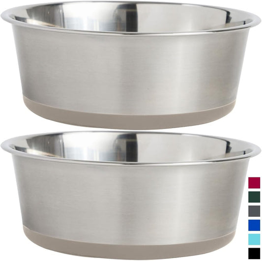 Gorilla Grip Stainless Steel Metal Dog Bowl Set of 2, Rubber Base, Heavy Duty, Rust Resistant, Food Grade BPA Free, Less Sliding, Quiet Pet Bowls for Cats and Dogs, Holds 6 Cups (48 Fl Oz), Beige