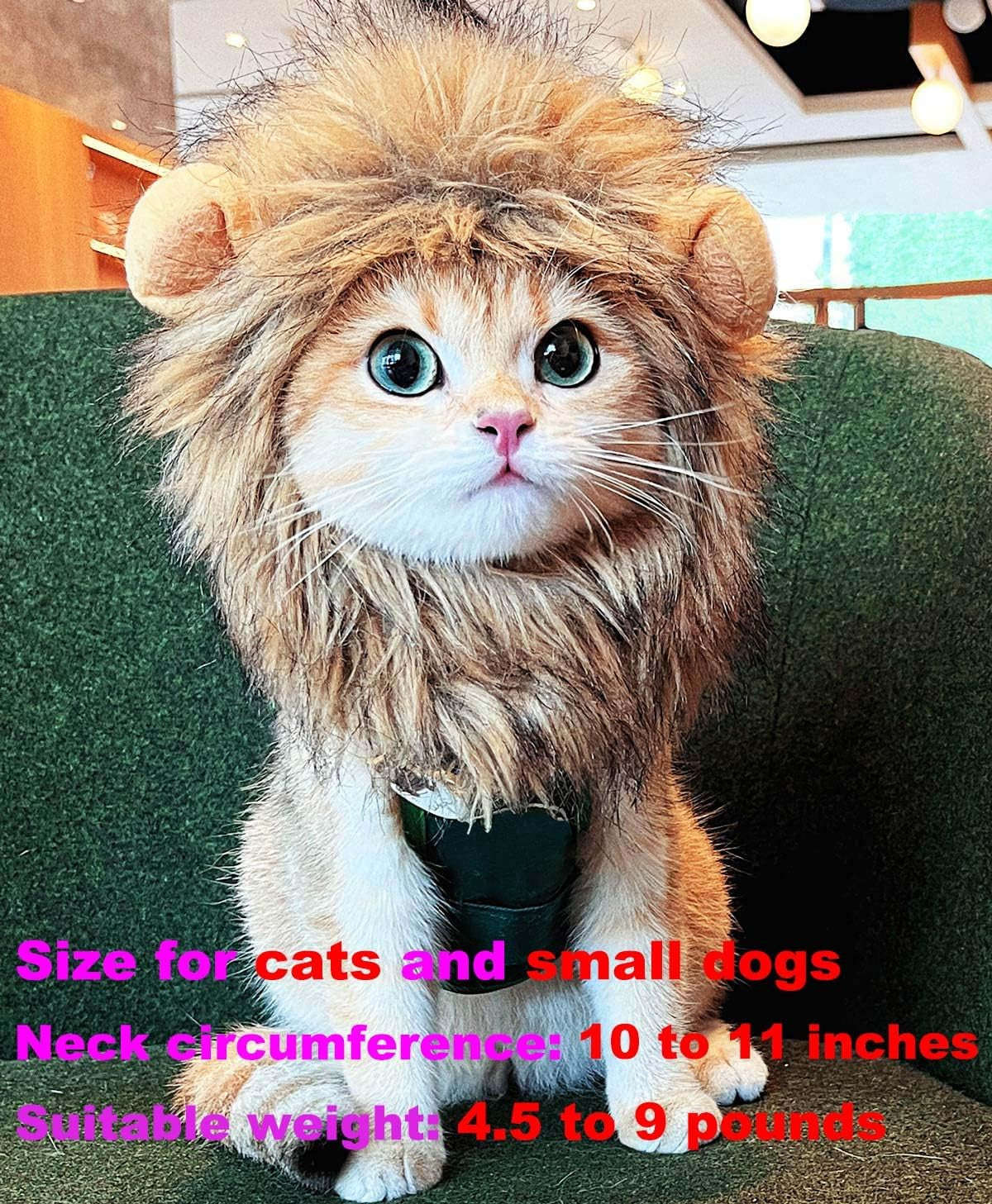 Lion Mane Wig for Cat Costume Pet Adjustable Washable Comfortable Fancy Lion Hair Cat Clothes Dress for Halloween Christmas Easter Festival Party Activity (Small, Brown)