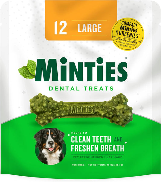 Minties Dental Chews for Dogs, 12 Count, Vet-Recommended Mint-Flavored Dental Treats for Large Dogs over 50 Lbs, Dental Bones Clean Teeth, Fight Bad Breath, and Removes Plaque and Tartar