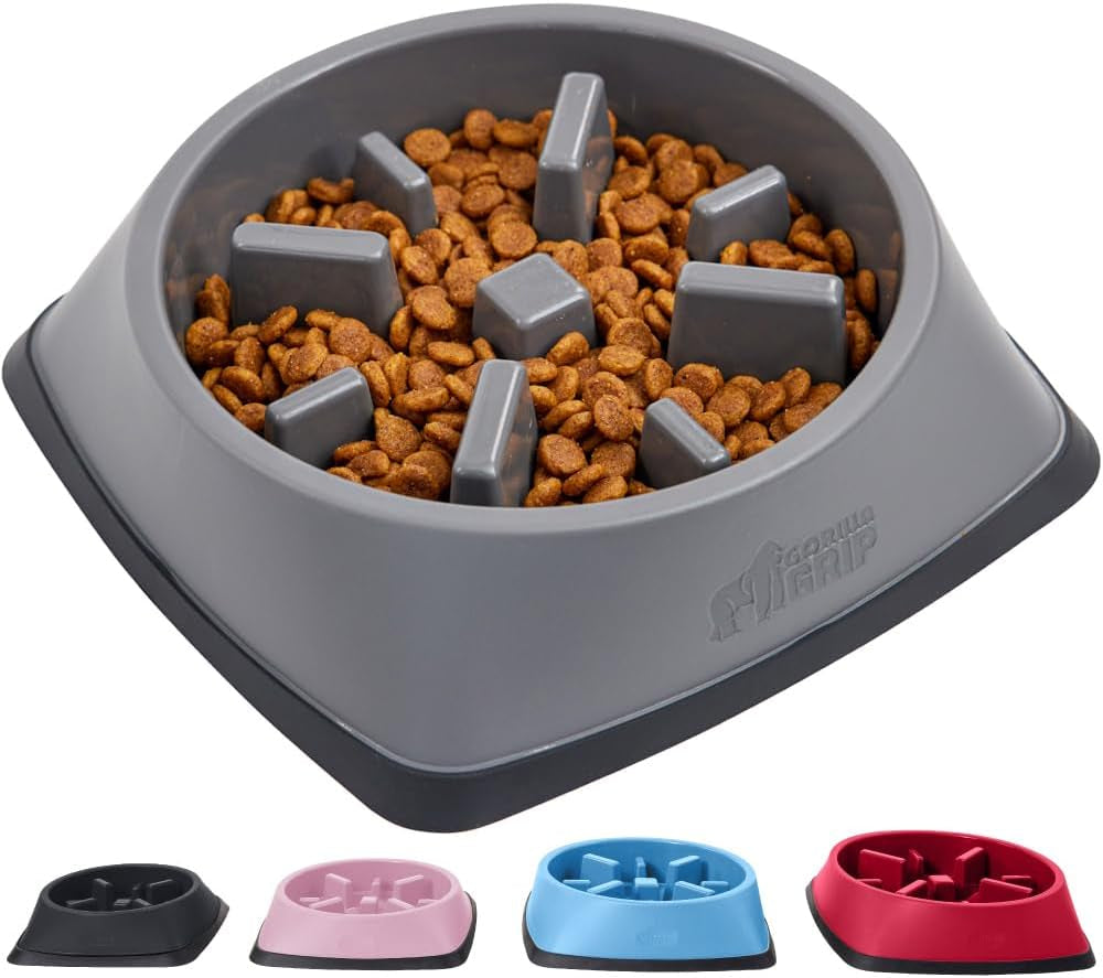 Gorilla Grip Slow Feeder Dog and Cat Bowls, Interactive Puzzle Toy for Dogs and Cats Food Training, Keeps Pets Busy and Prevents Puppy Overeating, Large, Small Breeds, 100% BPA Free, 1 Cup Gray