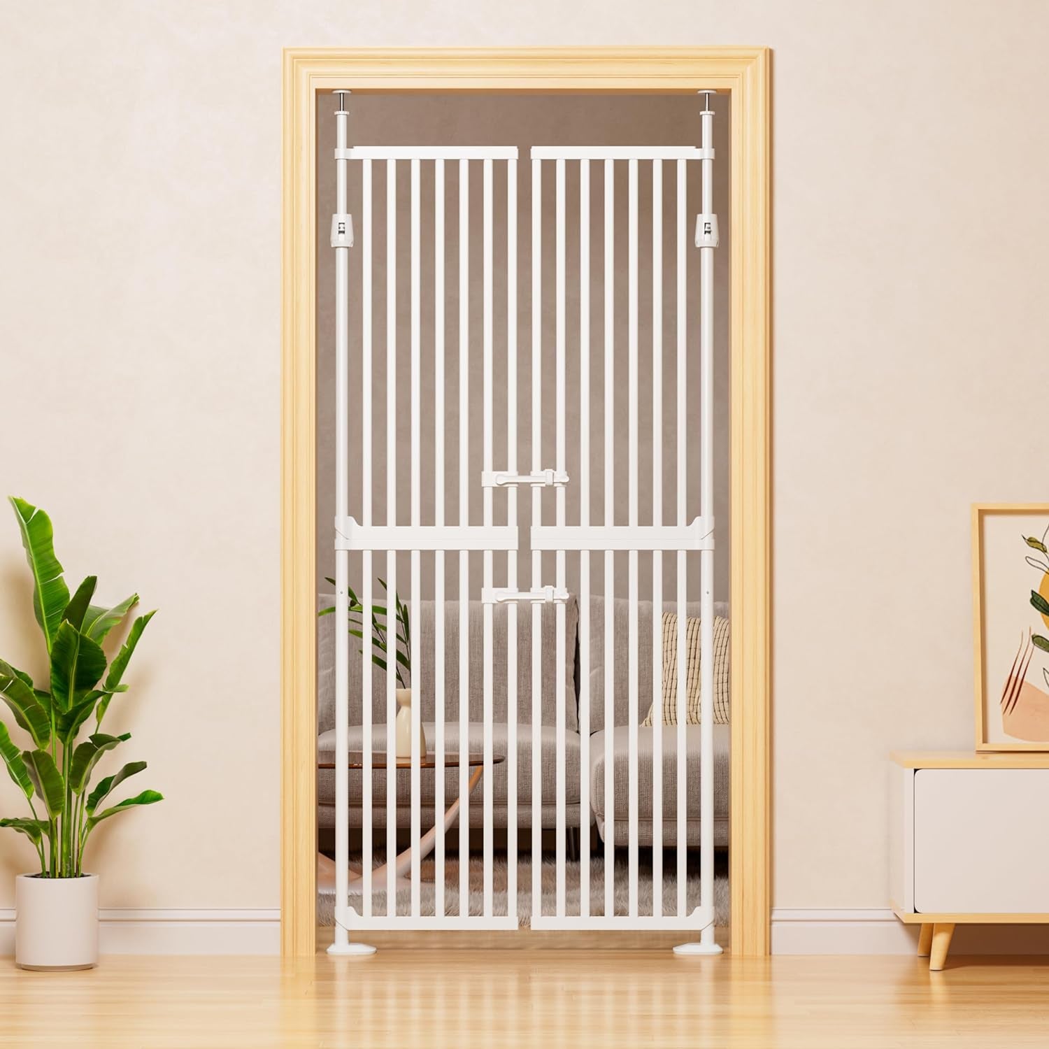 71" High Extra Tall Cat Gate, 33.85-35.43" Wide Cat Safety Gate, 1.34" Extra Narrow Gap, Auto Close, No Drilling, Double Pet Door for Doorways, Kitchen