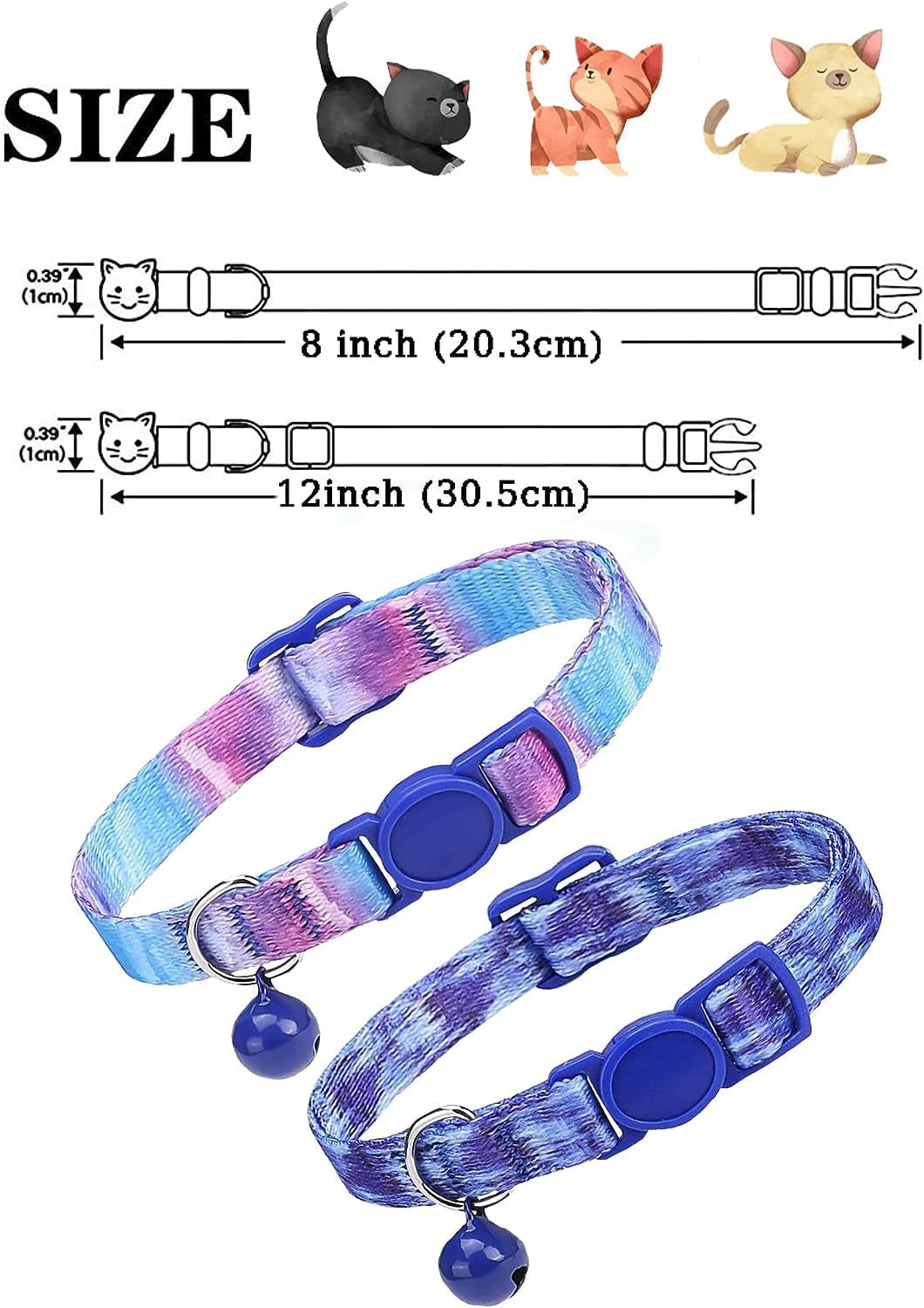 Cute Cat Collar for Girl Boy,Colorful Breakaway Cat Collars with Bell 2 Pack，Adjustable Printed Nylon with Safety Buckles Kitten Collar (Coloured Drawing)