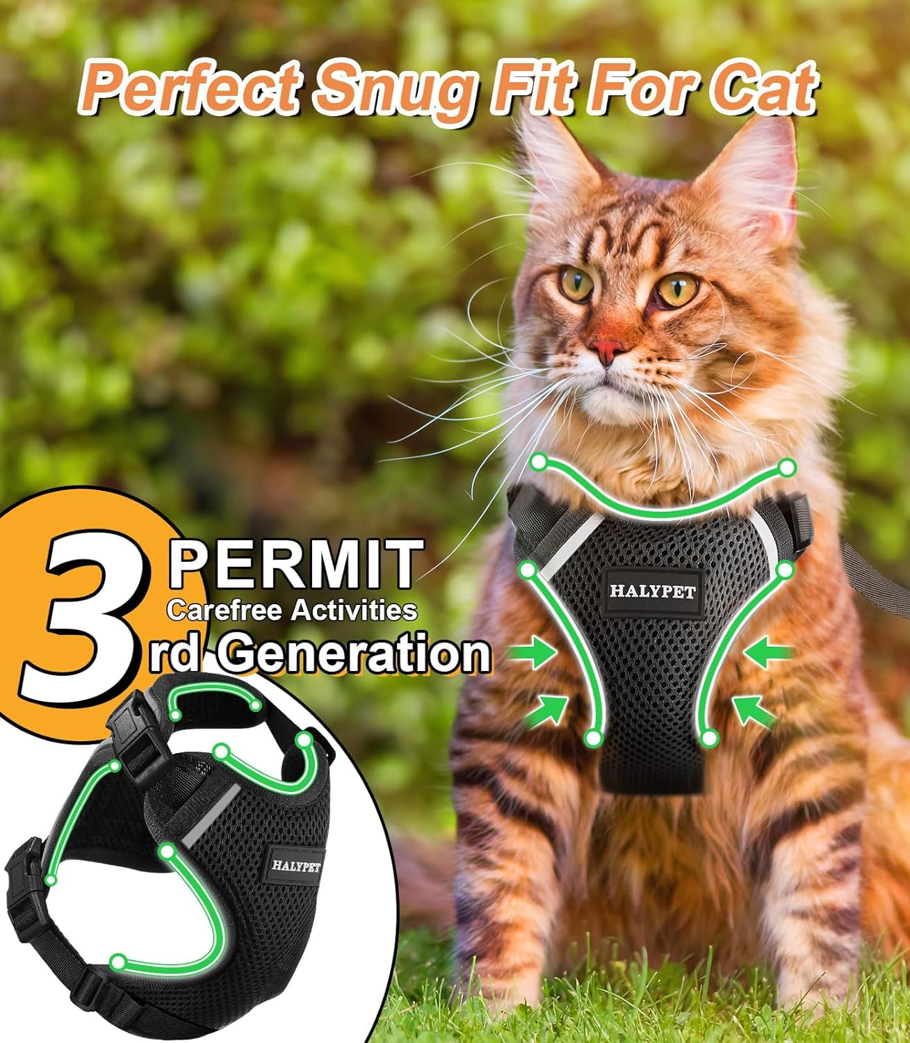 Cat Harness and Leash Set [ MAX Safety Third Generation ] Escape Proof Soft Adjustable Cat Leash Breathable Comfortable Vest Easy to Wear Kitten Harness for Outdoor Walking