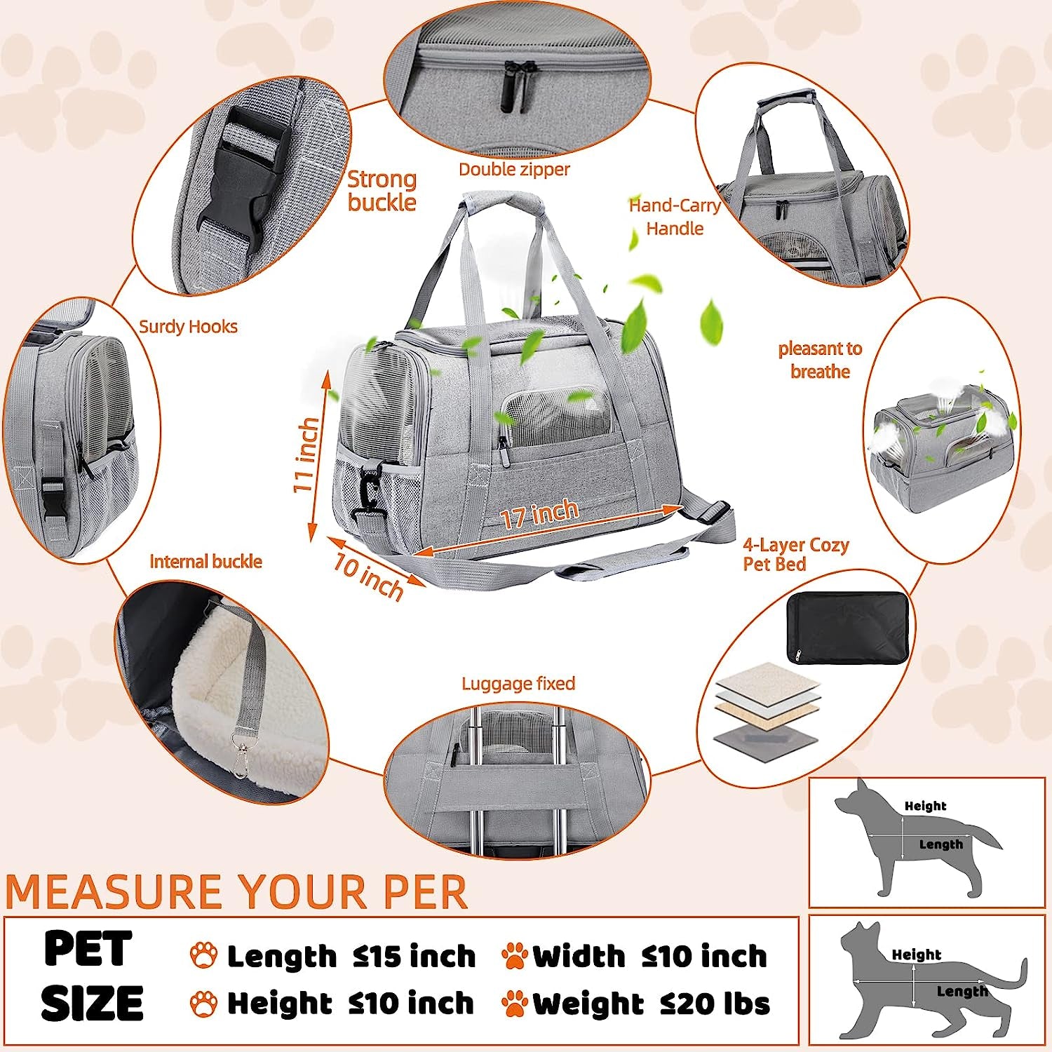 Pet Carrier Bag Airline Approved for Cats and Dogs up to 20Lbs, with Soft Travel Bag, Harness, Nail Clipper, Brush, Foldable Bowl