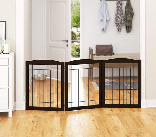 PAWLAND 72” Extra Wide Dog Gate for the House, Doorway, Stairs, Freestanding Foldable Wire Pet Gate, Pet Puppy Safety Fence,30" Height (Espresso, 3 Panels)