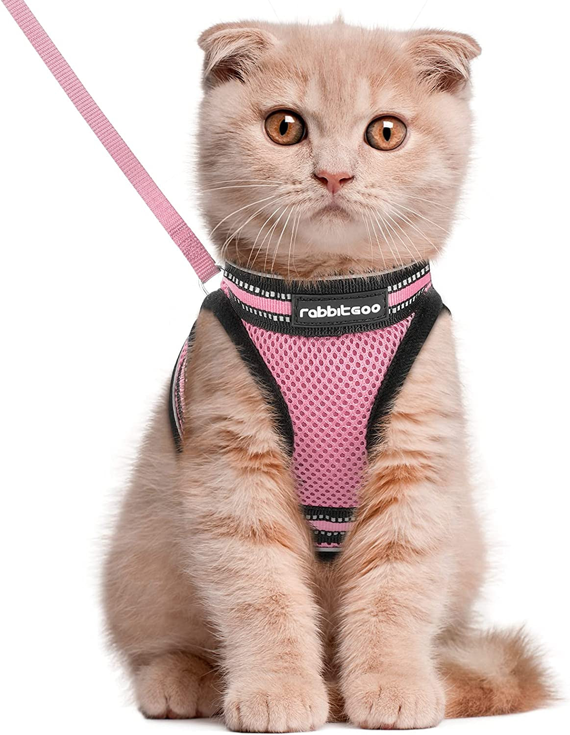 Rabbitgoo Cat Harness and Leash Set for Walking Escape Proof, Adjustable Soft Kittens Vest with Reflective Strip for Cats, Comfortable Outdoor Vest, Pink, L