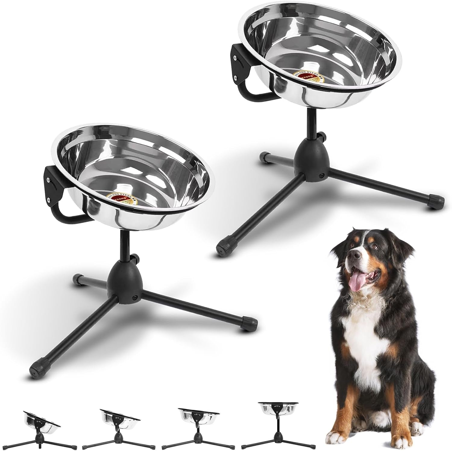 2 Pack Elevated Dog Bowls with Adjustable Metal Stand,Extra Large Size for Dogs Heavier Than 100 lbs,1.24 Gal 4.7 Liter, Stainless Steel Dog Food Bowl Height Adjustable Non-Slip Raised Dog Bowl Set