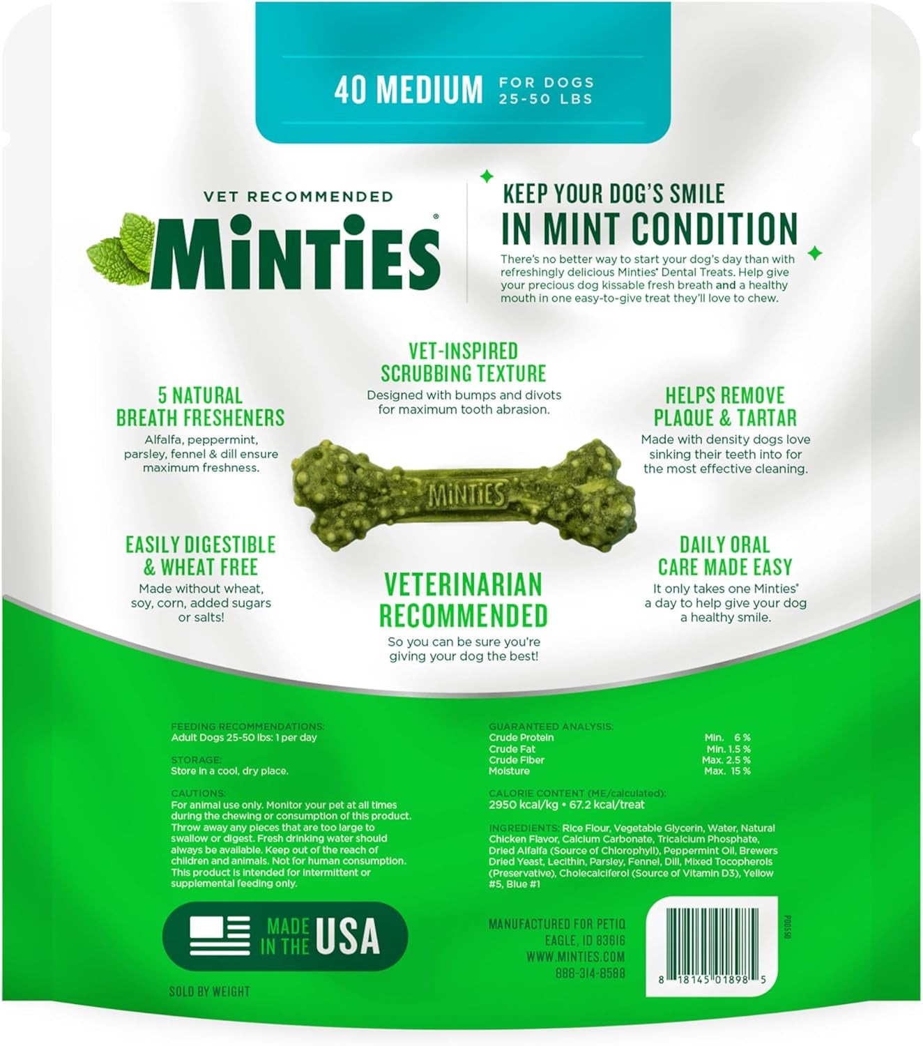 Minties Dental Chews for Dogs, 60 Count, Vet-Recommended Mint-Flavored Dental Treats for Medium Dogs 25-50 Lbs, Dental Bones Clean Teeth, Fight Bad Breath, and Removes Plaque and Tartar