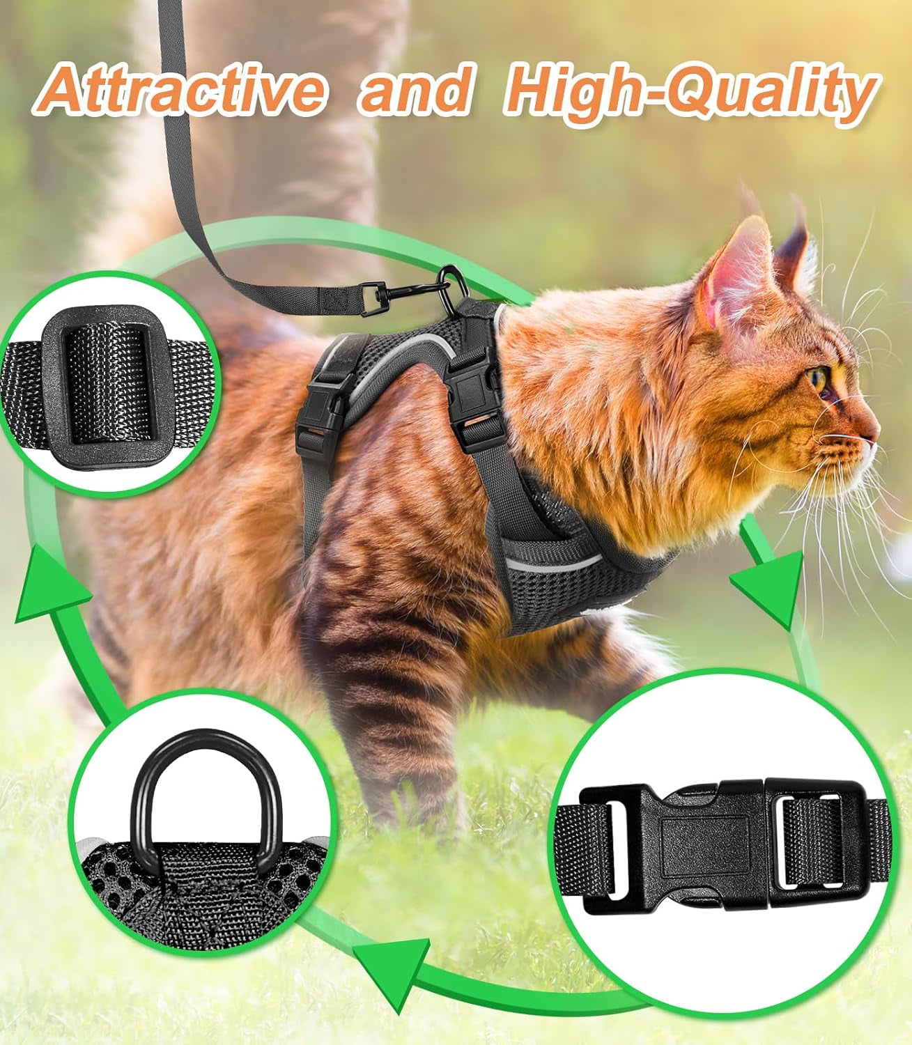 Cat Harness and Leash Set [ MAX Safety Third Generation ] Escape Proof Soft Adjustable Cat Leash Breathable Comfortable Vest Easy to Wear Kitten Harness for Outdoor Walking