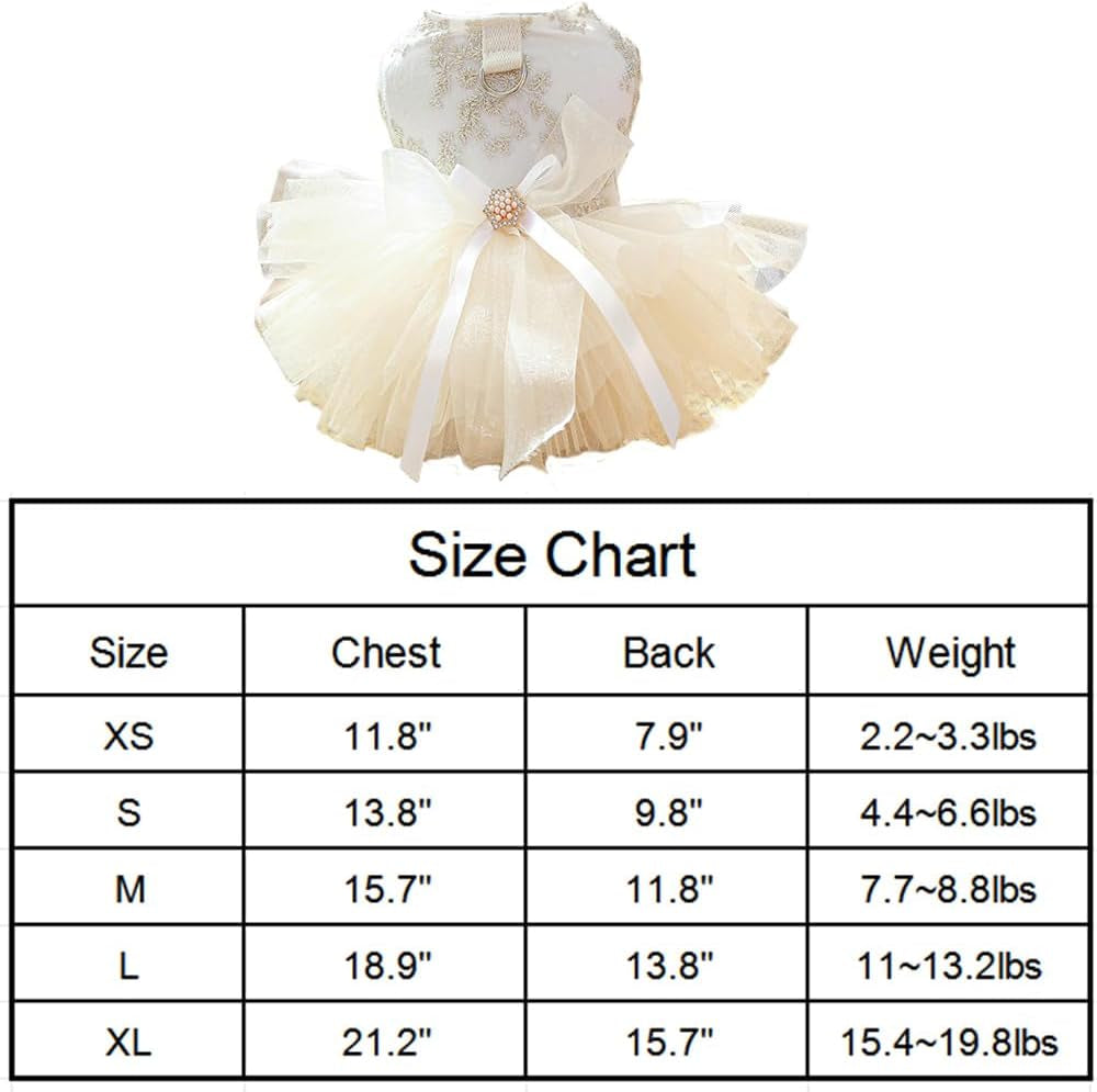 Champagne Dog Dresses for Small Dogs Girl with Leash Ring & Bow Decor,Luxury Dog Wedding Dress with Multi-Layer Princess Tutu Skirt, Embroidered Cat Dog Flower Dress(Champagne,S)