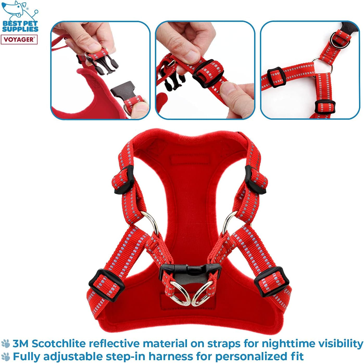 Best Pet Supplies Voyager Adjustable Dog Harness with Reflective Stripes for Walking, Jogging, Heavy-Duty Full Body No Pull Vest with Leash D-Ring, Breathable All-Weather - Harness (Red), L