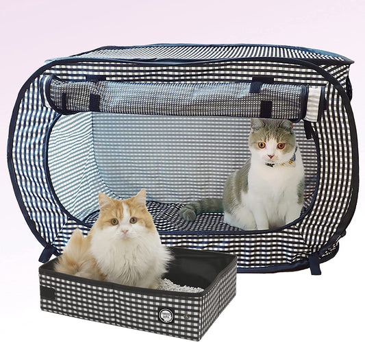 Necoichi Stress-Free Cat Travel Cage(Carrier) Litter Box Set Collapsible Gray White for 2 Cats 31.8" L X 4.5" W X 20" H for Indoor Cats Small Medium Large Cats