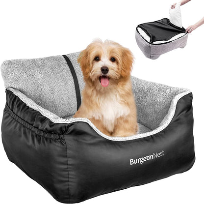 Burgeonnest Dog Car Seat for Small Dogs, Washable Soft Dog Booster Seats for Small Pets under 25 Lbs, Portable Dog Carseat Travel Bed with Storage Pockets and Clip-On Leash