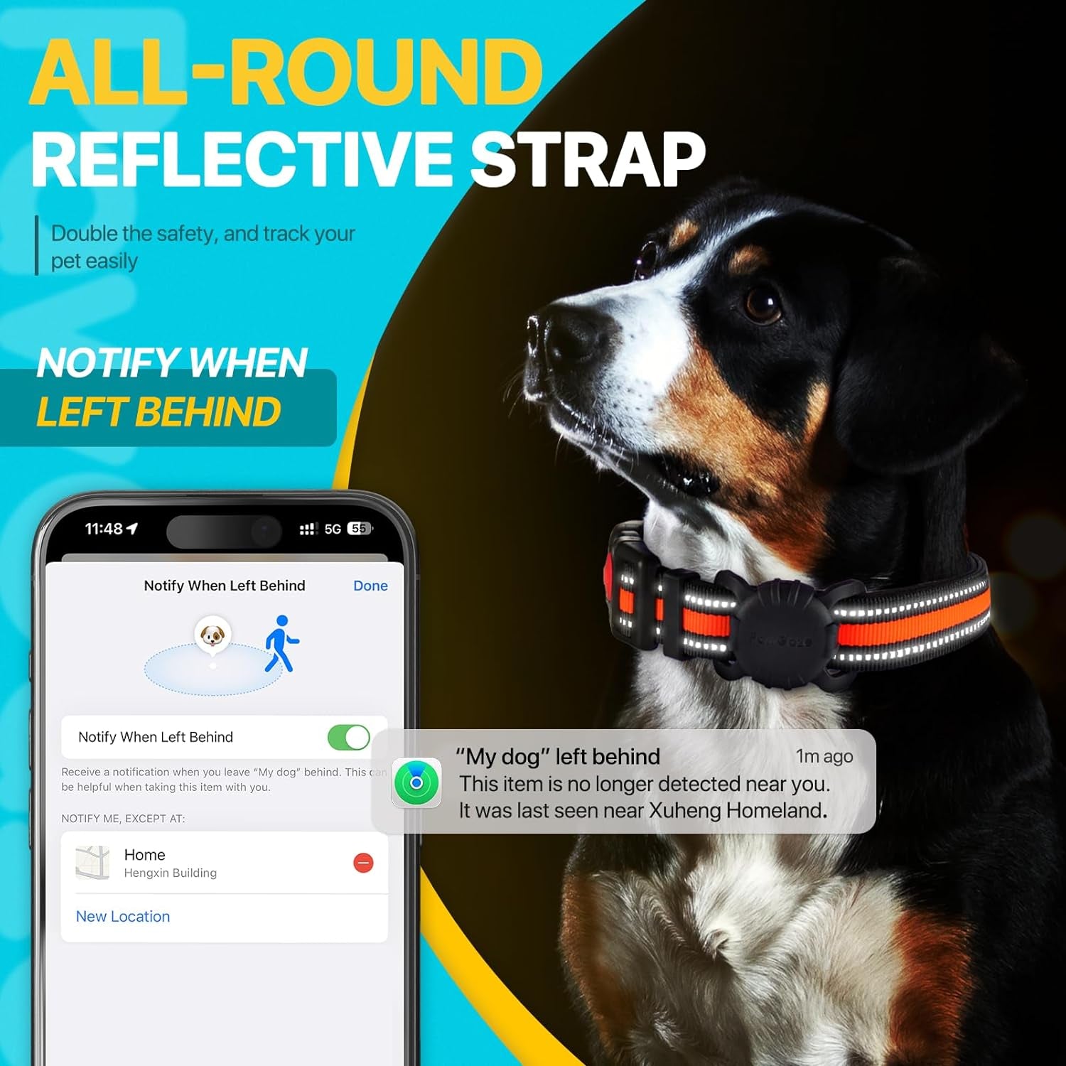 Dog Tracker Collar, No Monthly Fee Cat Tracker Collar(Only Ios), Compatible with Apple Findmy App, Reflective Findertag Smart Collars, Anti-Lost, Key Finder for Vehicles/Pets/Kids/Items