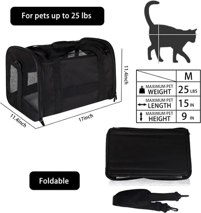 Cat Carrying Case - Pet Carrier Airline Approved, Protable and Breathable Pet Travel Carrier Removable Fleece Pad, Collapsible Cat Carrier Dog Carrier for Medium Cats Small Cats Dogs (Grey&Black M)