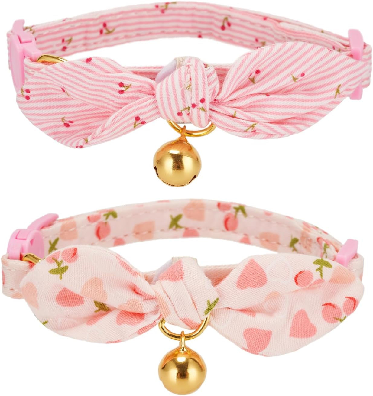 Cotton Bowtie Cat Collar with Bell 2 Pack Stylish Floral Breakaway Kitten Collars with Removeable Knot Bow,Blue & Pink