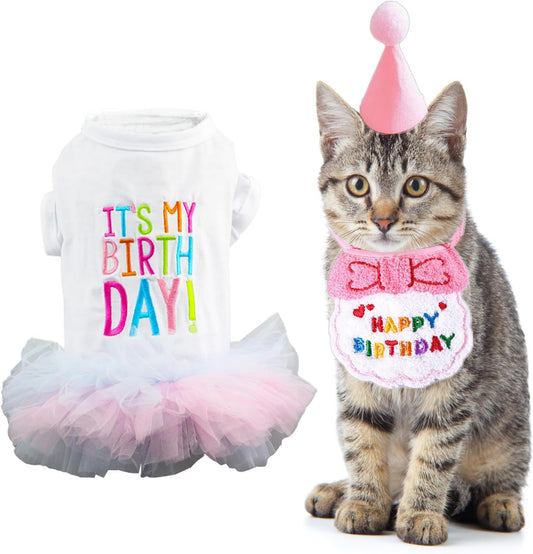 3 Pack Girl Dog Birthday Tutu Dress, Pink Cat Dog Birthday Bandana Scarf and Party Hat, Small Dog Birthday Outfits, Cat Birthday Party Supplies(Dress+Hat+Bib,Xs)