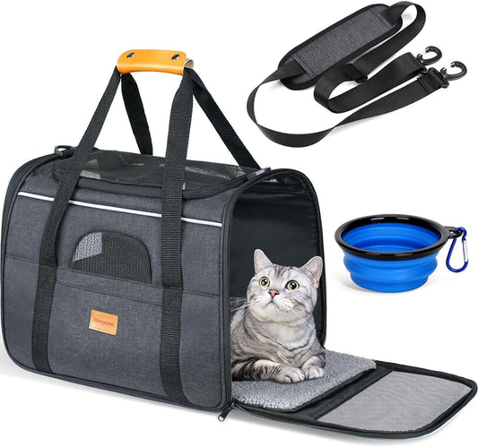 Morpilot Cat Carrier Soft - Portable Pet Carrier for Small or Medium Cats, Dogs and Puppy up to 14Lbs, Airline Approved Dog Carrier with Safety Buckle and Foldable Bowl - 17 X 11 X 12 Inch (Dark Gray)