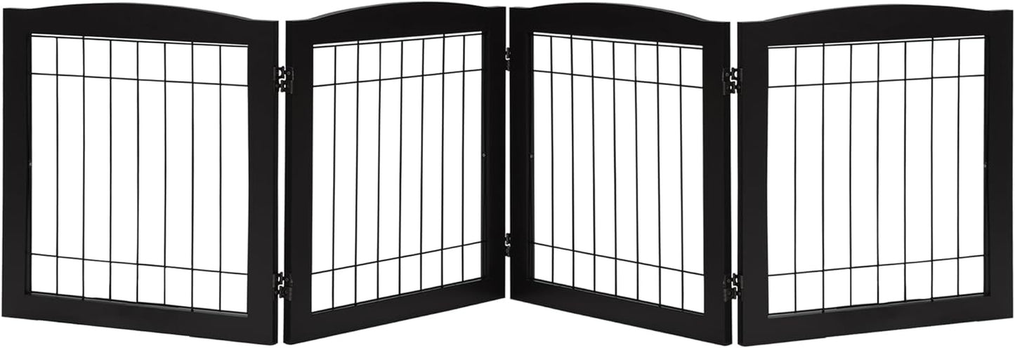 LZRS Sturdy Wood Pet Gate, Freestanding Wire Dog Gate Safety Fence Indoor, Foldable Stair Barrier Pet Exercise for Most Furry Friends, Dog Gate for Stairs, Black,24" Height-4 Panels