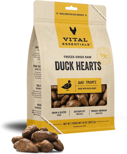 Vital Essentials Freeze Dried Raw Single Ingredient Dog Treats, Duck Hearts, 10 Oz