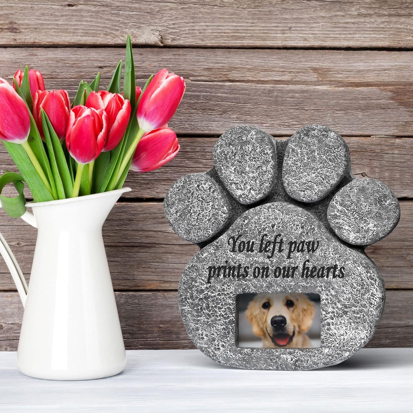 You Left Paw Prints on Our Hearts' Paw Print Pet Memorial Stone, Grave Marker with Customizable Photo Frame Slot, Loss of Pet Gift, Personalized Dog Memorial Headstone, 8.25” X 8” X 1.5”