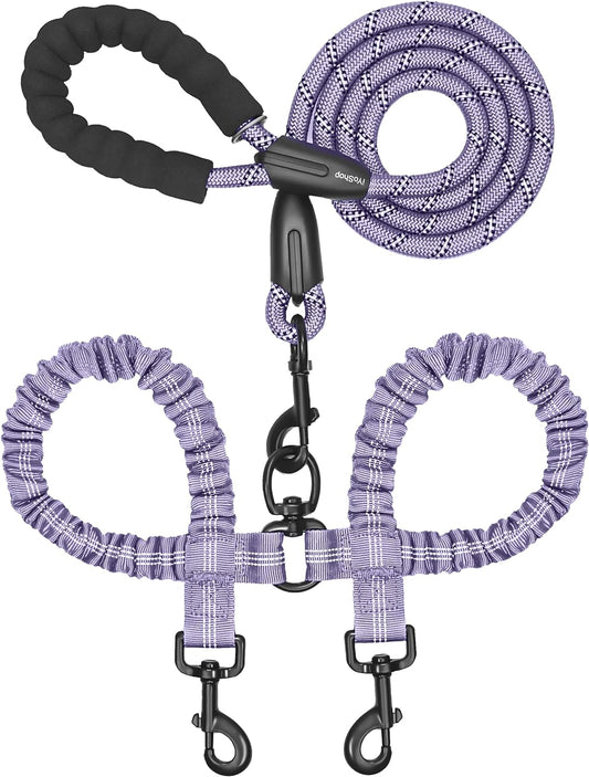 Iyoshop Dual Dog Leash, Double Dog Leash, 360 Swivel No Tangle Walking Leash, Shock Absorbing Bungee for Two Dogs, Large (25-150 Lbs), Lavender