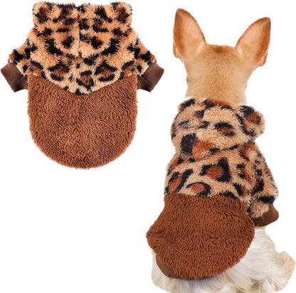 Dog Hoodie, Dog Sweaters for Small Dogs, Fleece Dog Clothes, Cute Warm Puppy Chihuahua Sweater, Pet Doggie Sweater for Yorkie Teacup, Cat Apparel (Leopard, Small)