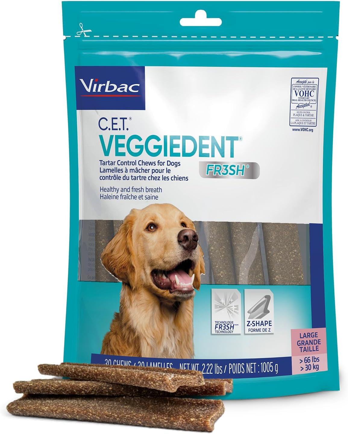 Virbac CET Veggiedent FR3SH Tartar Control Chews for Large Dogs over 66 Pounds, Plant-Based Formula, 30 Count Bag