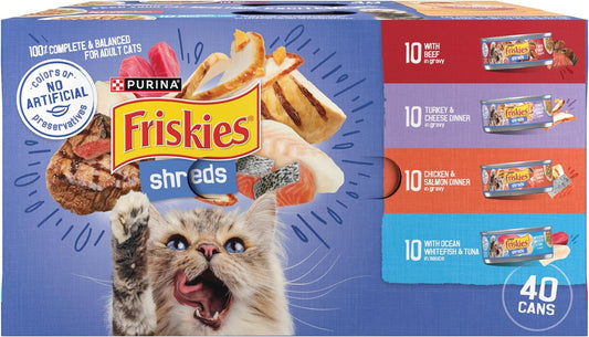 Purina Friskies Wet Cat Food Variety Pack, Shreds Beef, Turkey, Whitefish, and Chicken & Salmon - (Pack of 40) 5.5 Oz. Cans