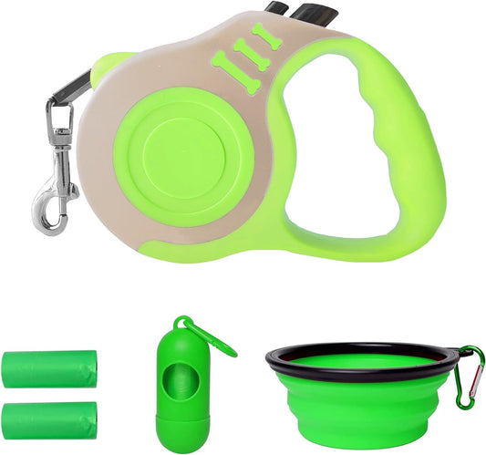 Retractable Dog Leash Automatic Telescopic Tractor Dog Tape, Pet Tape 10/16 FT Durable and Convenient, with Folding Bowl, Dispenser, Rubbish Bags, Suitable for Small and Medium Dogs