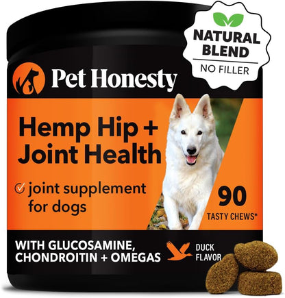 Pet Honesty Hemp Hip & Joint Supplement for Dogs - Hemp Oil & Hemp Powder - Glucosamine Chondroitin for Dogs, Turmeric, MSM, Green-Lipped Mussel, Supports Mobility, May Reduce Discomfort (Duck)