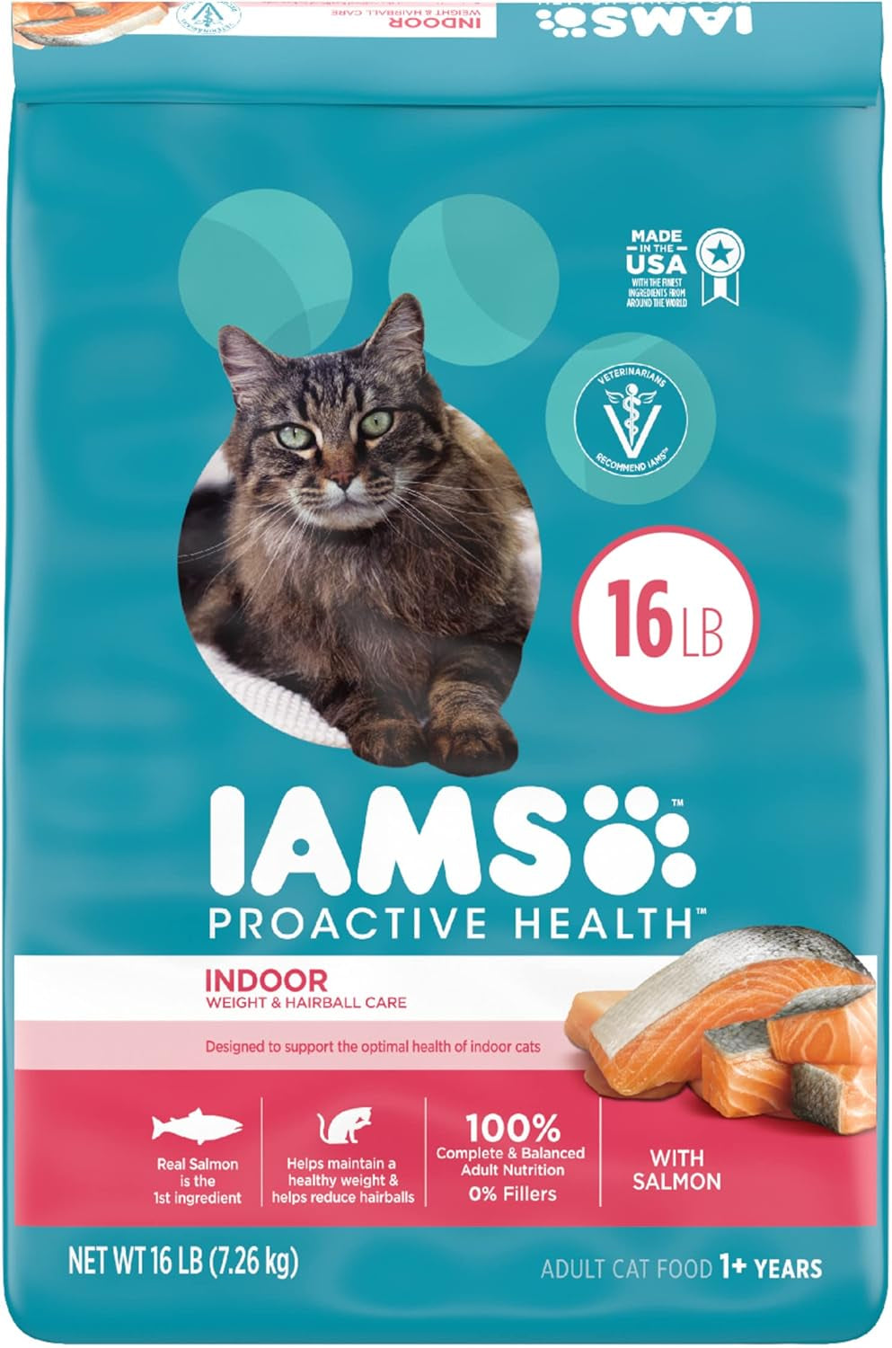 Iams Proactive Health Indoor Weight & Hairball Care Adult Dry Cat Food with Salmon, 16 Lb. Bag