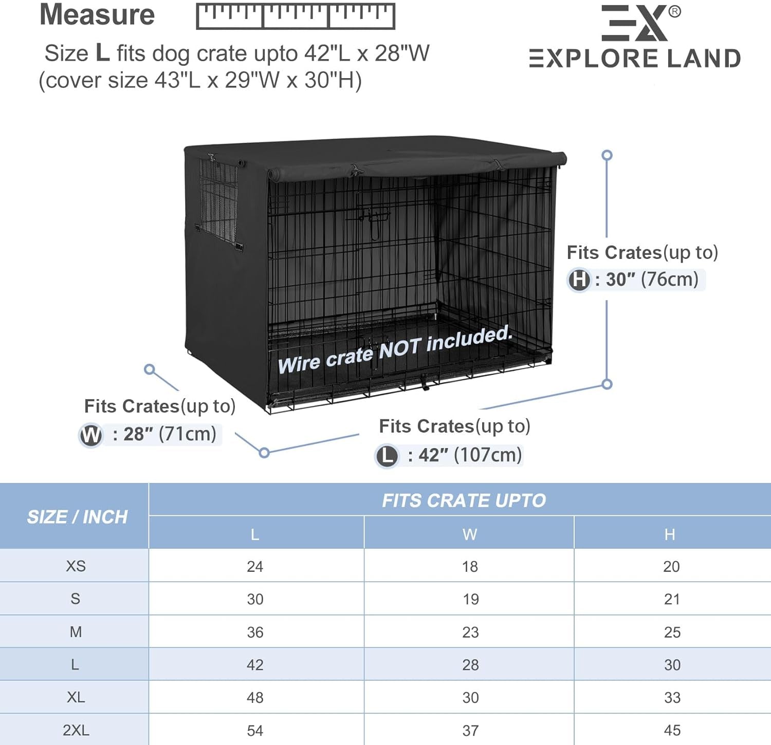 Explore Land 30 Inches Dog Crate Cover - Durable Polyester Pet Kennel Cover Universal Fit for Wire Dog Crate (Black)