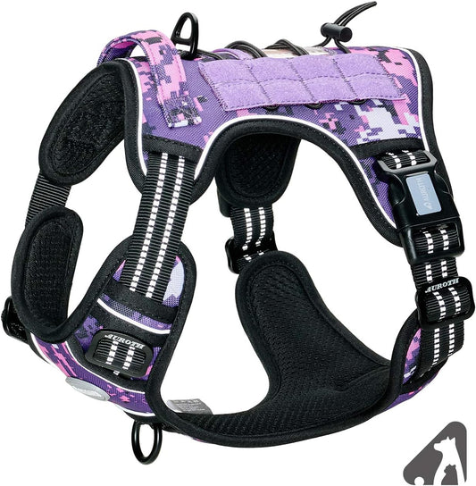 Auroth Tactical Dog Harness for Small Medium Large Dogs No Pull Adjustable Pet Harness Reflective K9 Working Training Easy Control Pet Vest Military Service Dog Harnesses (M, Purple Camo)