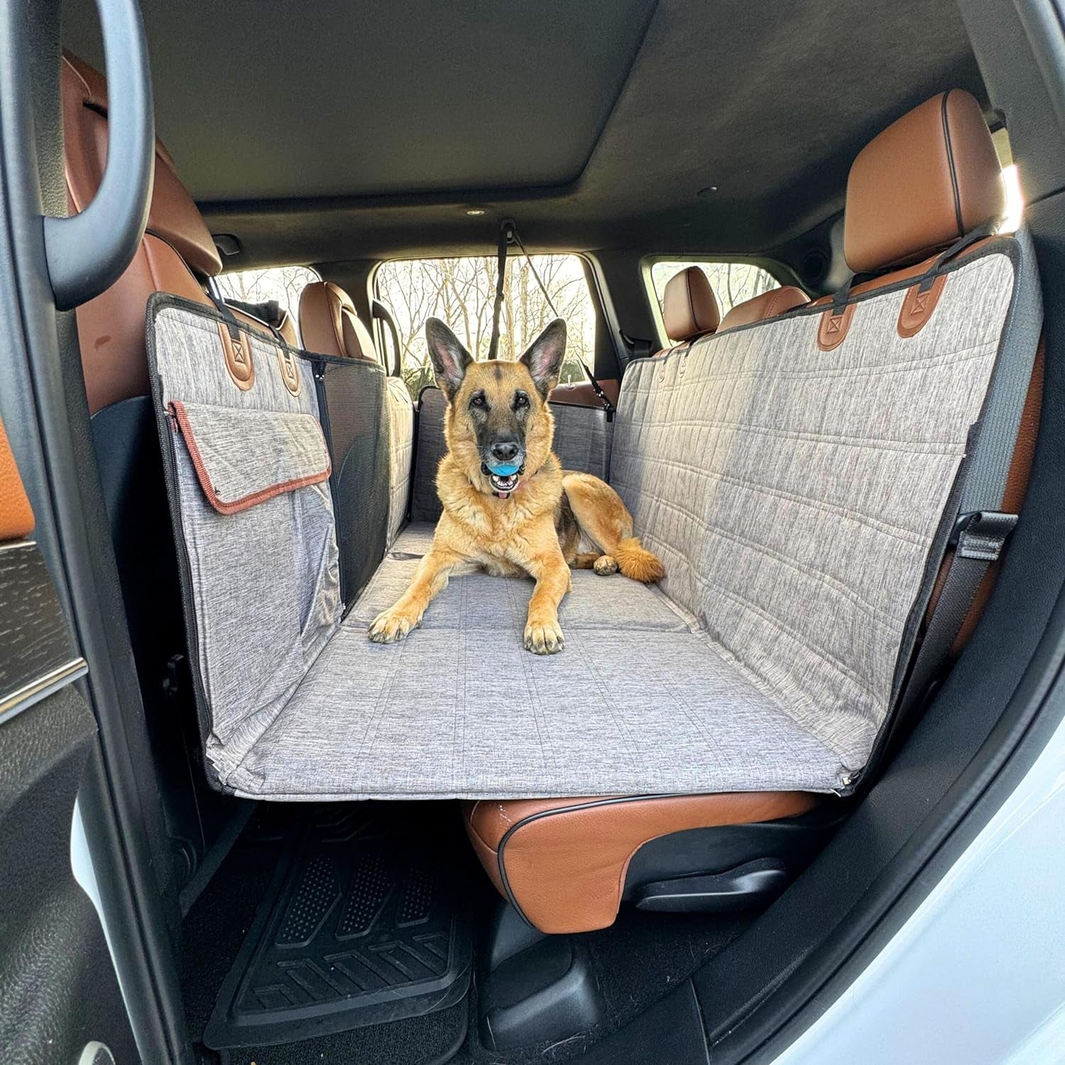 Backseat Extender for Dogs, 100% Waterproof Hard Bottom Dog Car Seat Cover, Seat Extender with Mesh Window and Storage Pockets, Truck SUV Car, Travel Bed