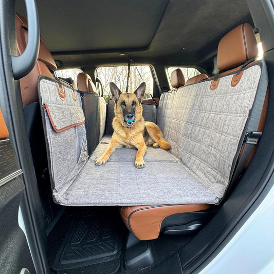 Backseat Extender for Dogs, 100% Waterproof Hard Bottom Dog Car Seat Cover, with Door Covers Seat Extender with Mesh Window and Storage Pockets, Truck SUV Car, Travel Bed