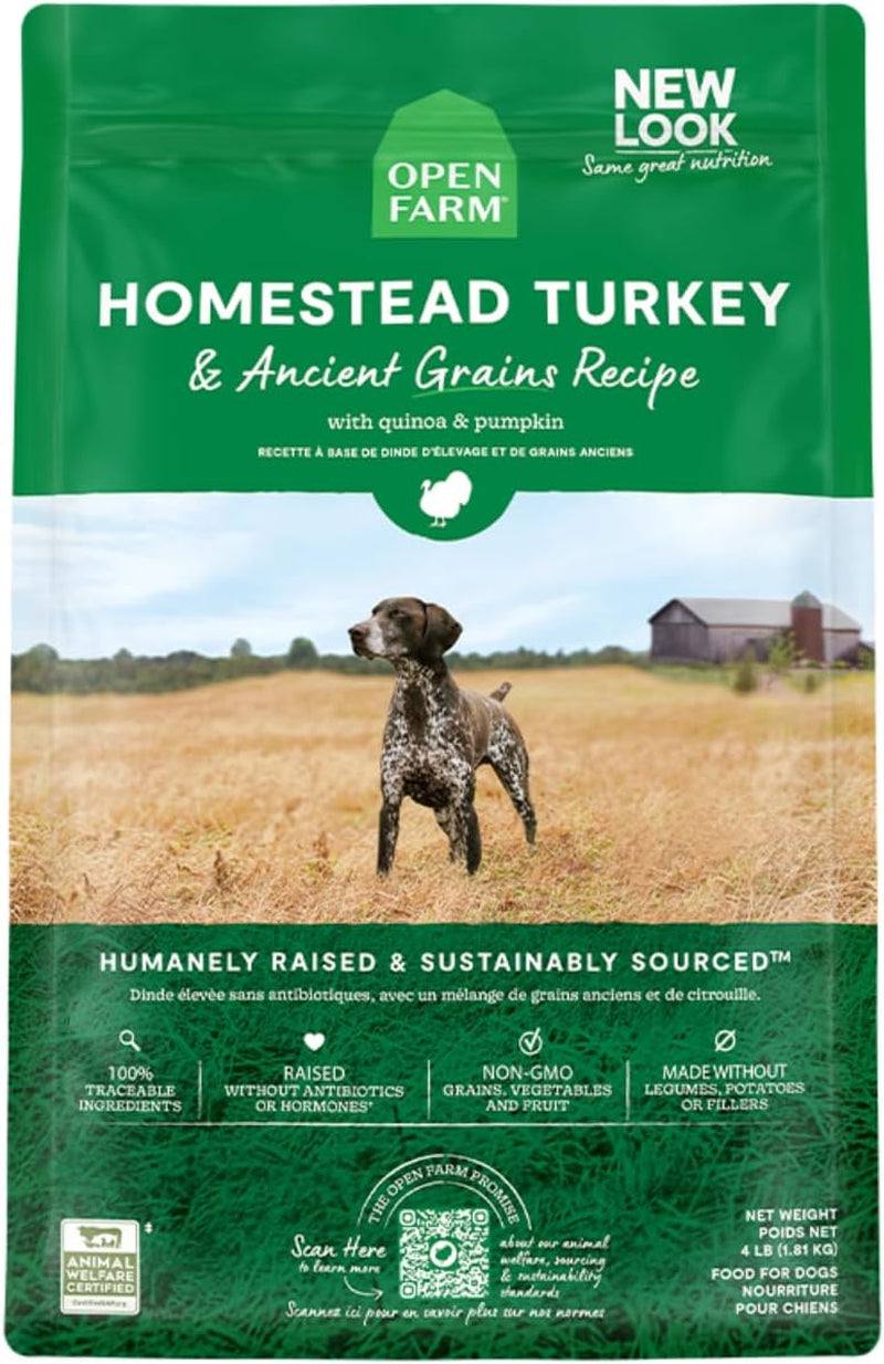 Open Farm Ancient Grains Dry Dog Food, Humanely Raised Meat Recipe with Wholesome Grains and No Artificial Flavors or Preservatives (Homestead Turkey Ancient Grain, 4 Pound (Pack of 1))